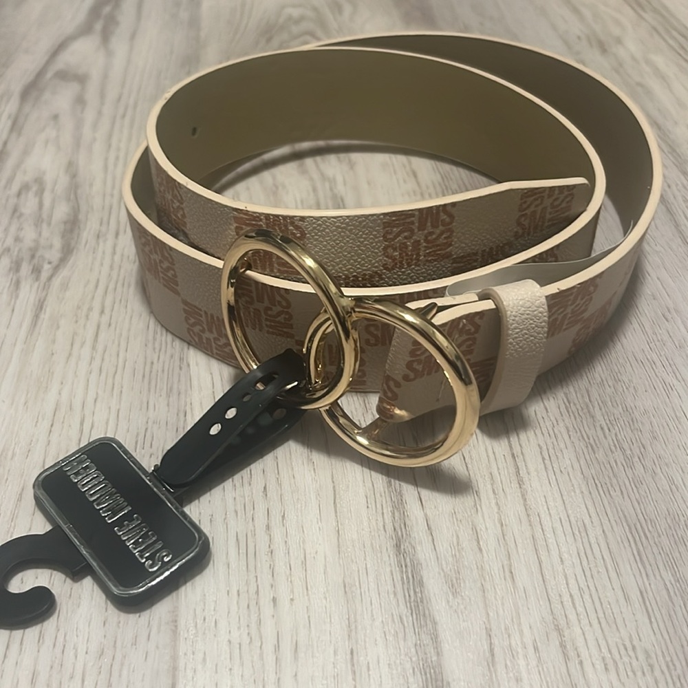 NWT Tan Steve Madden Logo Belt Medium Gold Loop